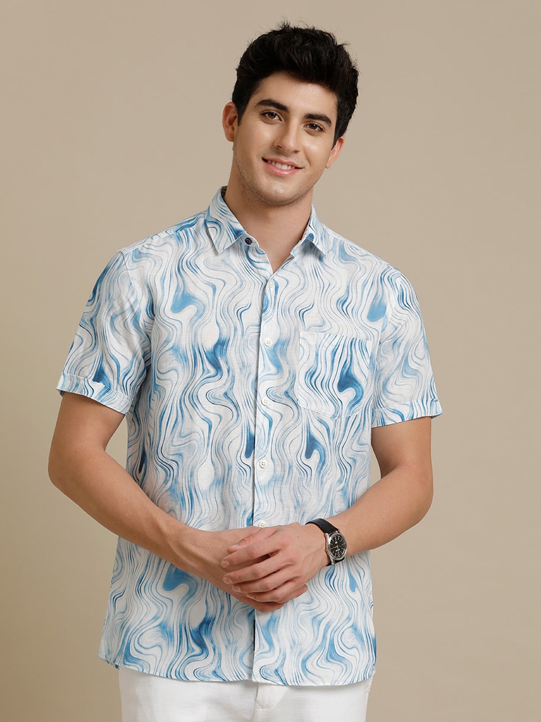 

Linen Club Contemporary Floral Pure Linen Printed Casual Shirt, Blue
