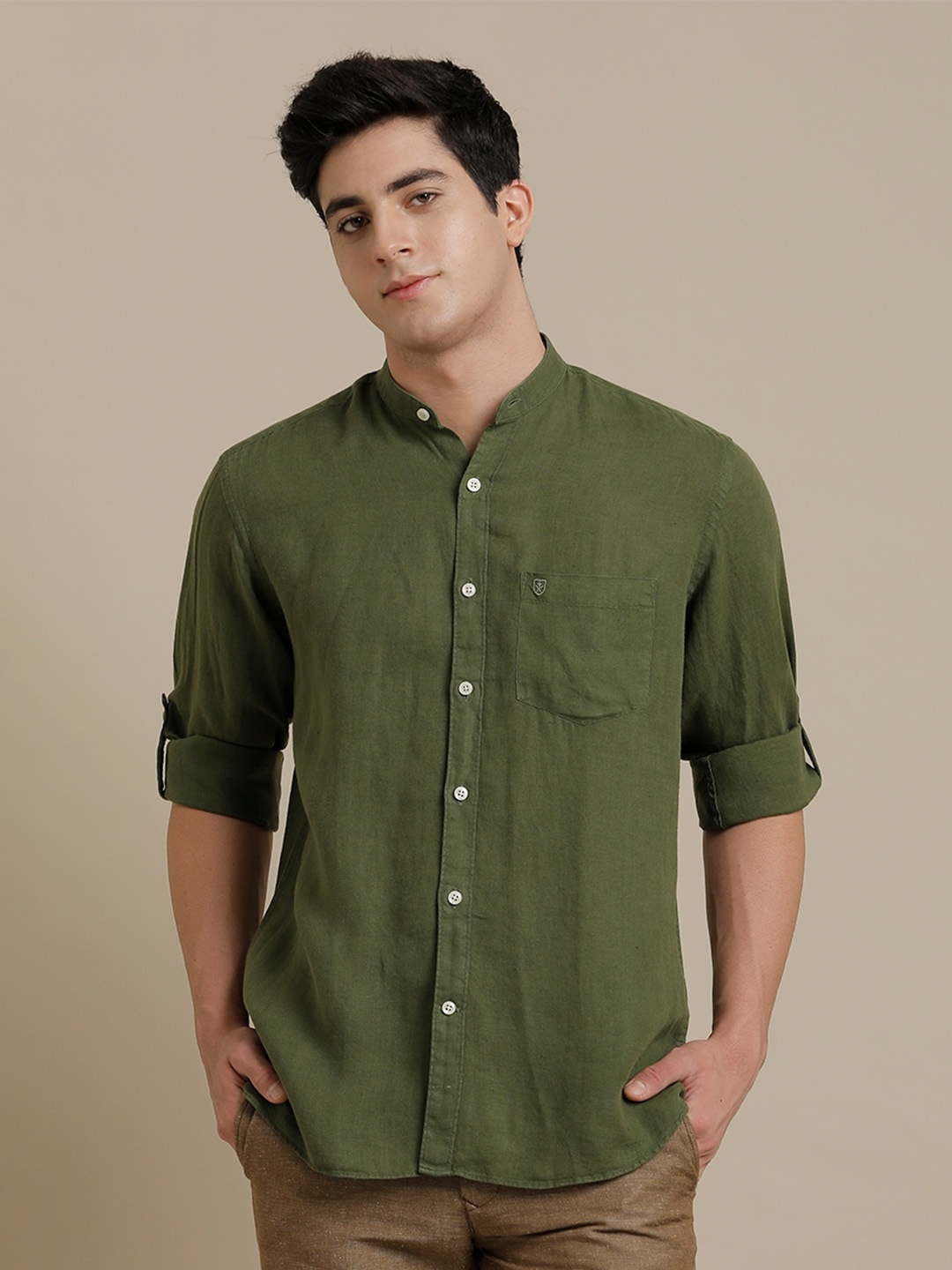 

Linen Club Contemporary Roll-Up Sleeves Linen Casual Shirt, Green