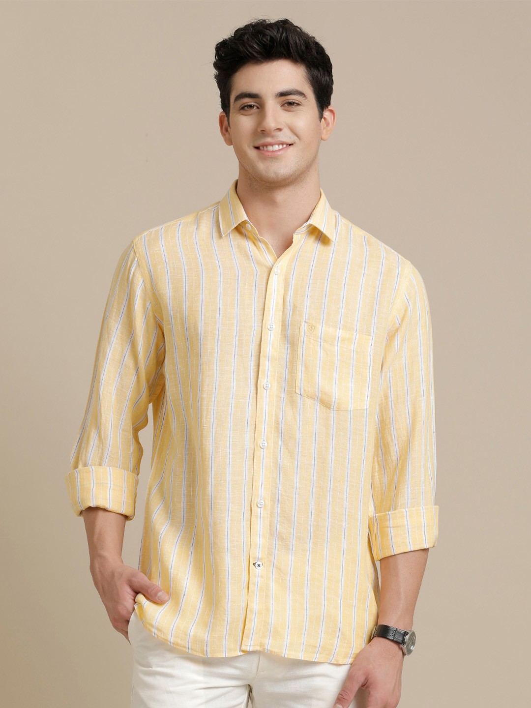 

Linen Club Contemporary Pure Linen Striped Casual Shirt, Yellow