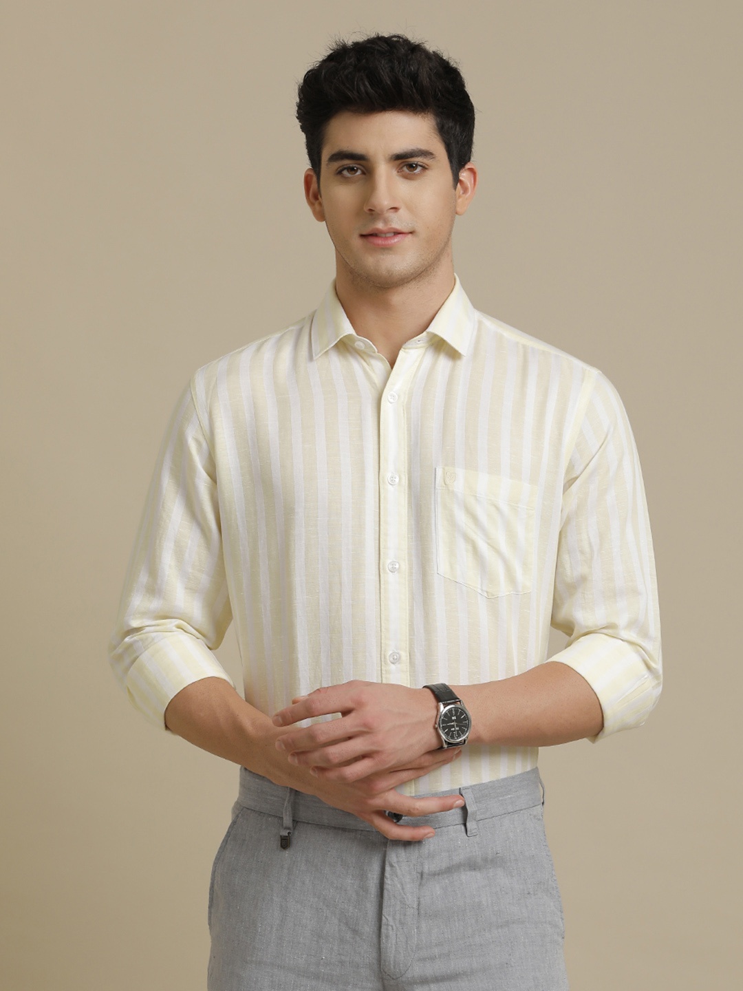 

Linen Club Men Contemporary Opaque Striped Casual Shirt, Yellow