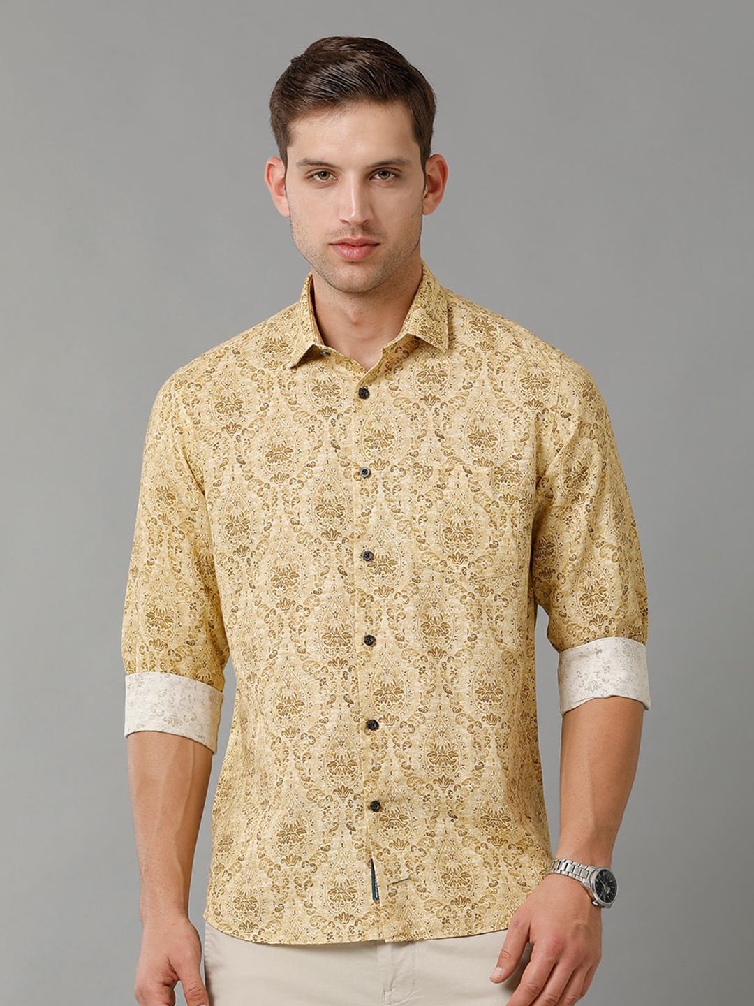 

Linen Club Contemporary Ethnic Motifs Pure Linen Printed Casual Shirt, Yellow