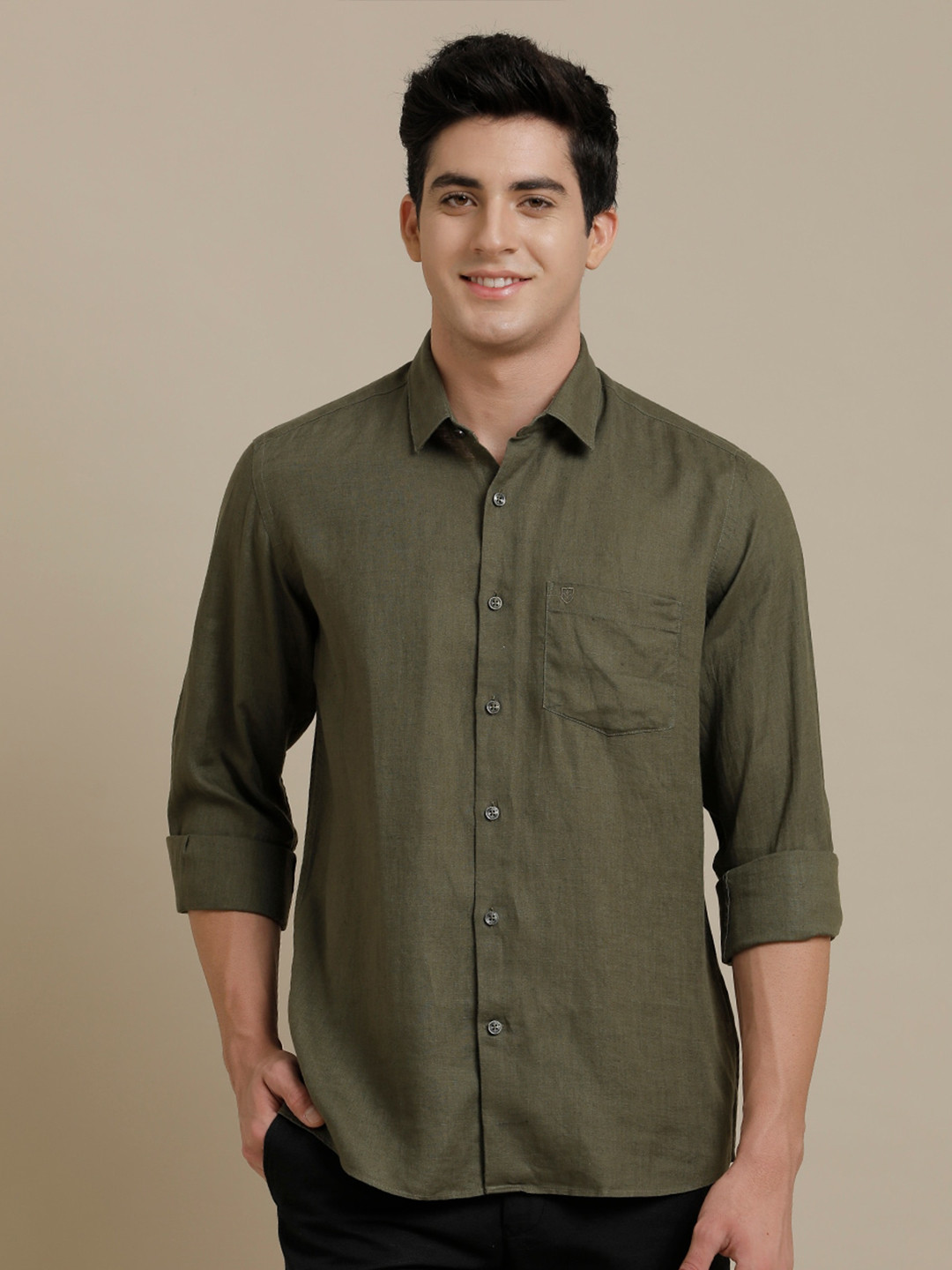 

Linen Club Spread Collar Long Sleeves Contemporary Opaque Casual Shirt, Green