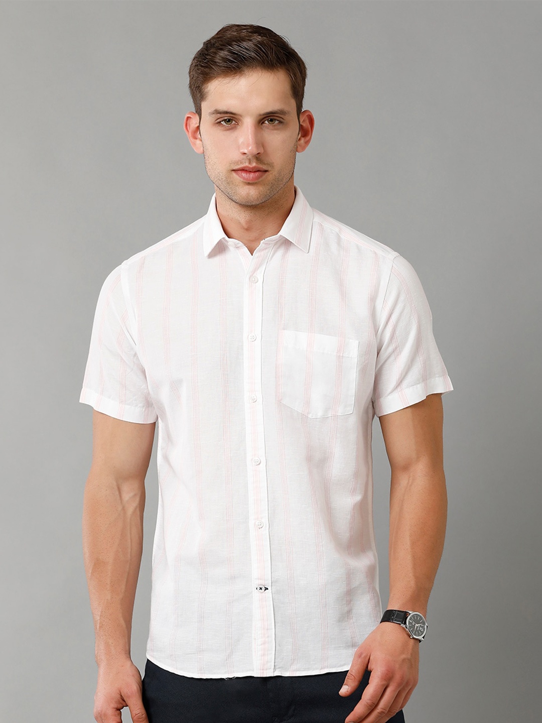 

Linen Club Contemporary Pure Linen Striped Casual Shirt, Pink