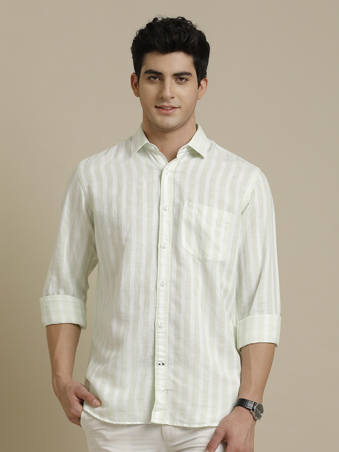 

Linen Club Men Contemporary Opaque Striped Casual Shirt, Green
