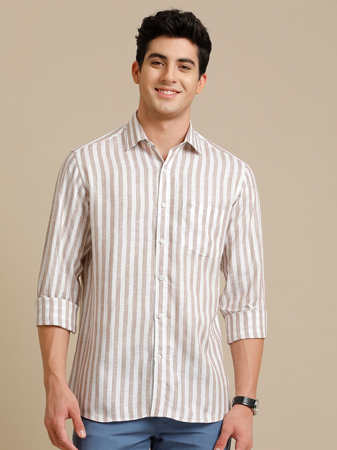 

Linen Club Contemporary Pure Linen Striped Casual Shirt, Beige