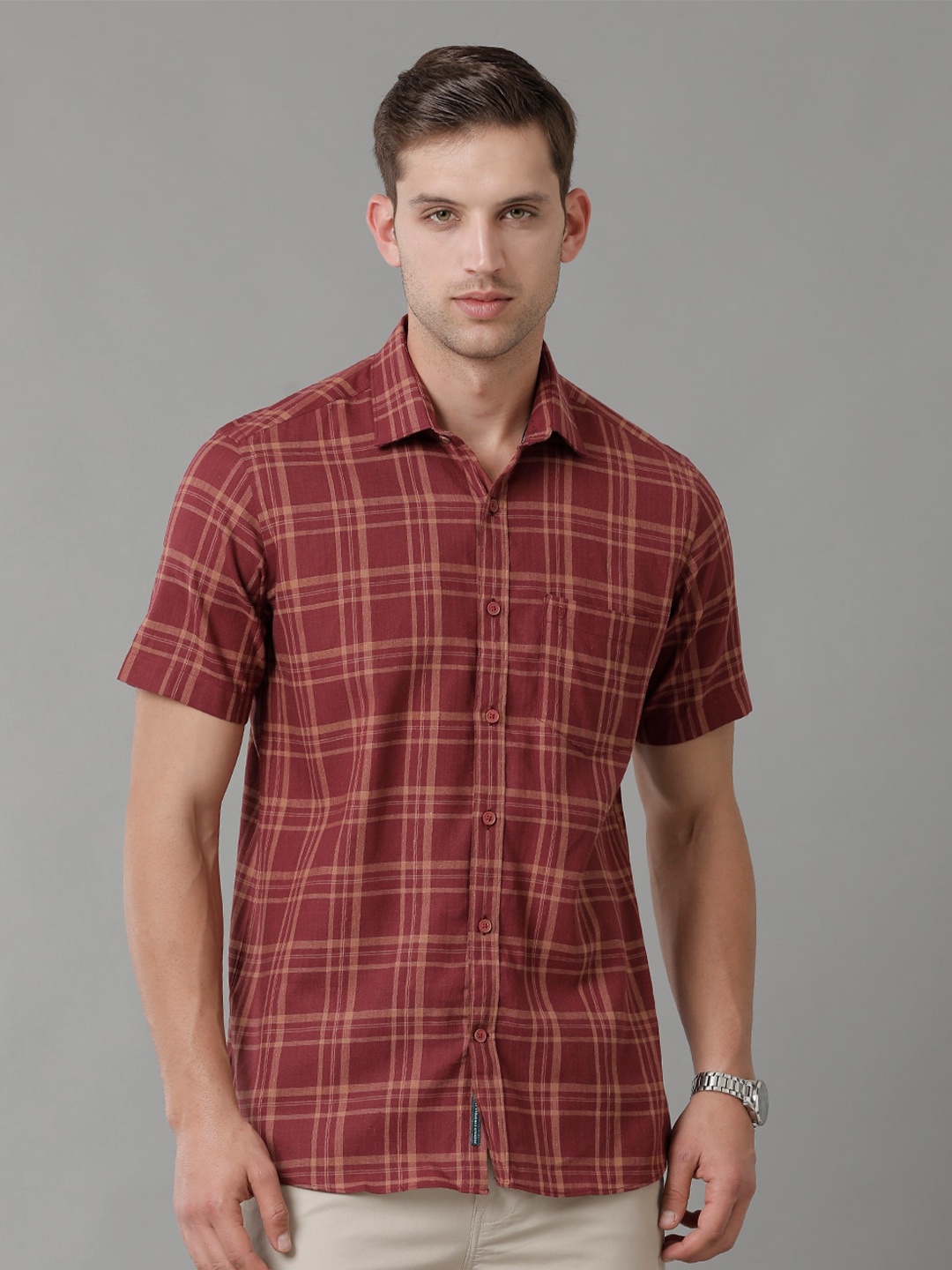

Linen Club Contemporary Tartan Checks Pure Linen Casual Shirt, Red