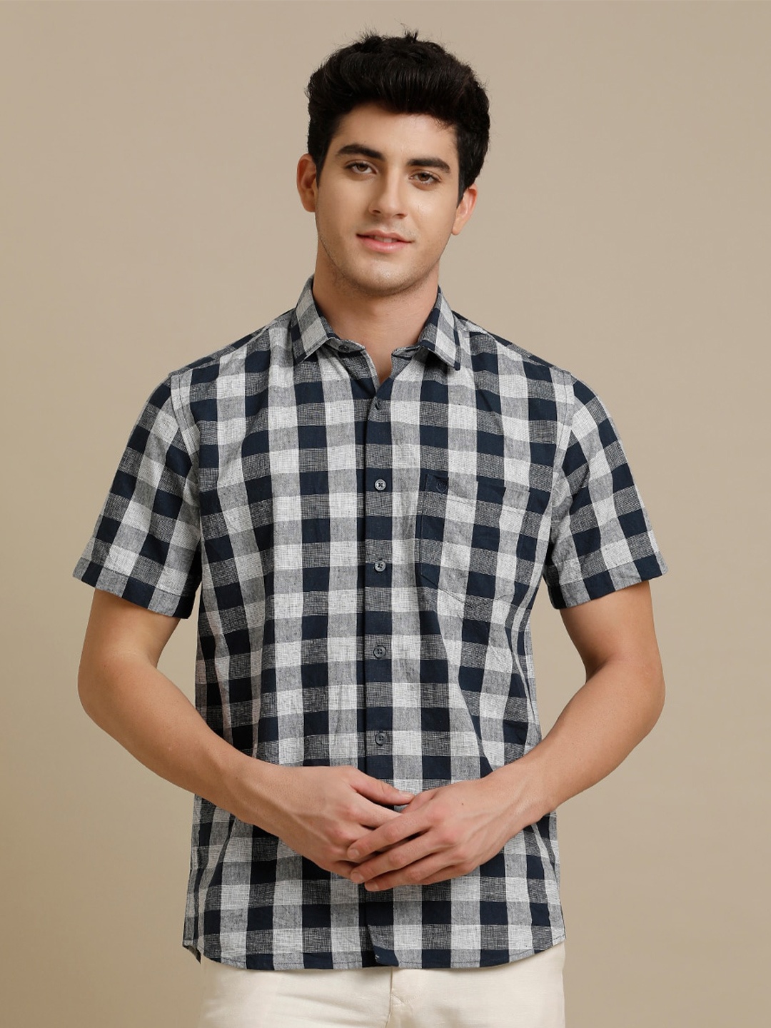 

Linen Club Contemporary Buffalo Checks Pure Linen Checked Casual Shirt, Navy blue