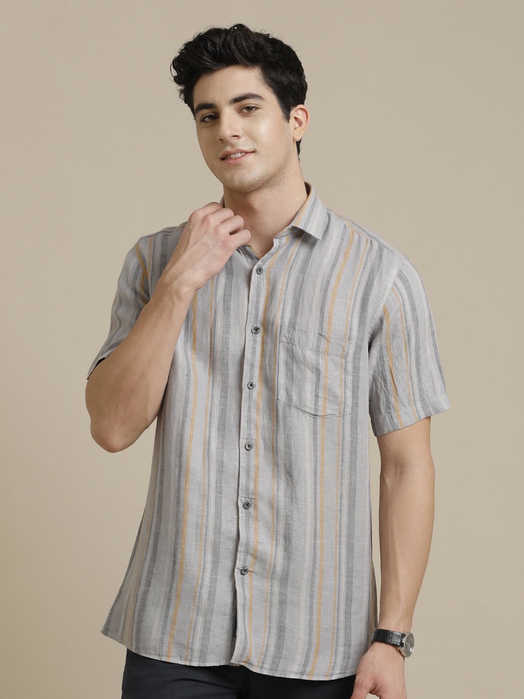 

Linen Club Men Contemporary Opaque Striped Casual Shirt, Grey