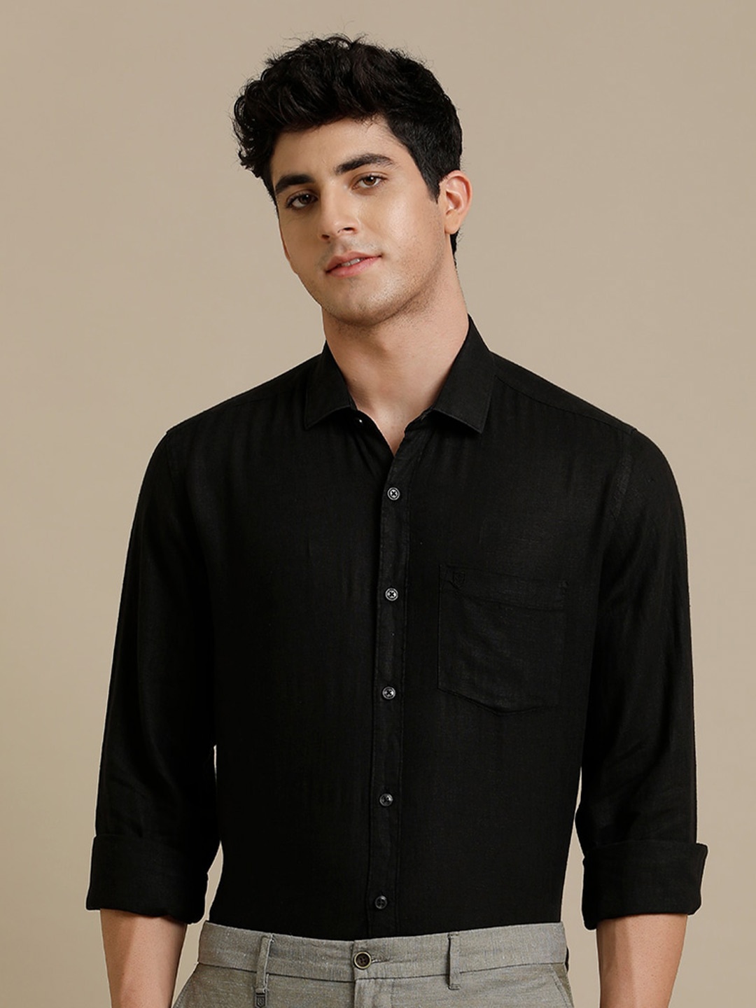 

Linen Club Spread Collar Long Sleeves Contemporary Opaque Casual Shirt, Black