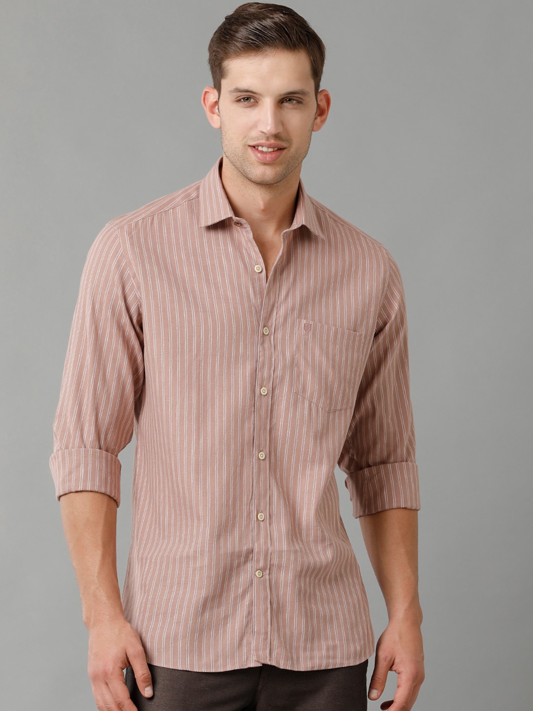 

Linen Club Contemporary Pure Linen Striped Casual Shirt, Peach