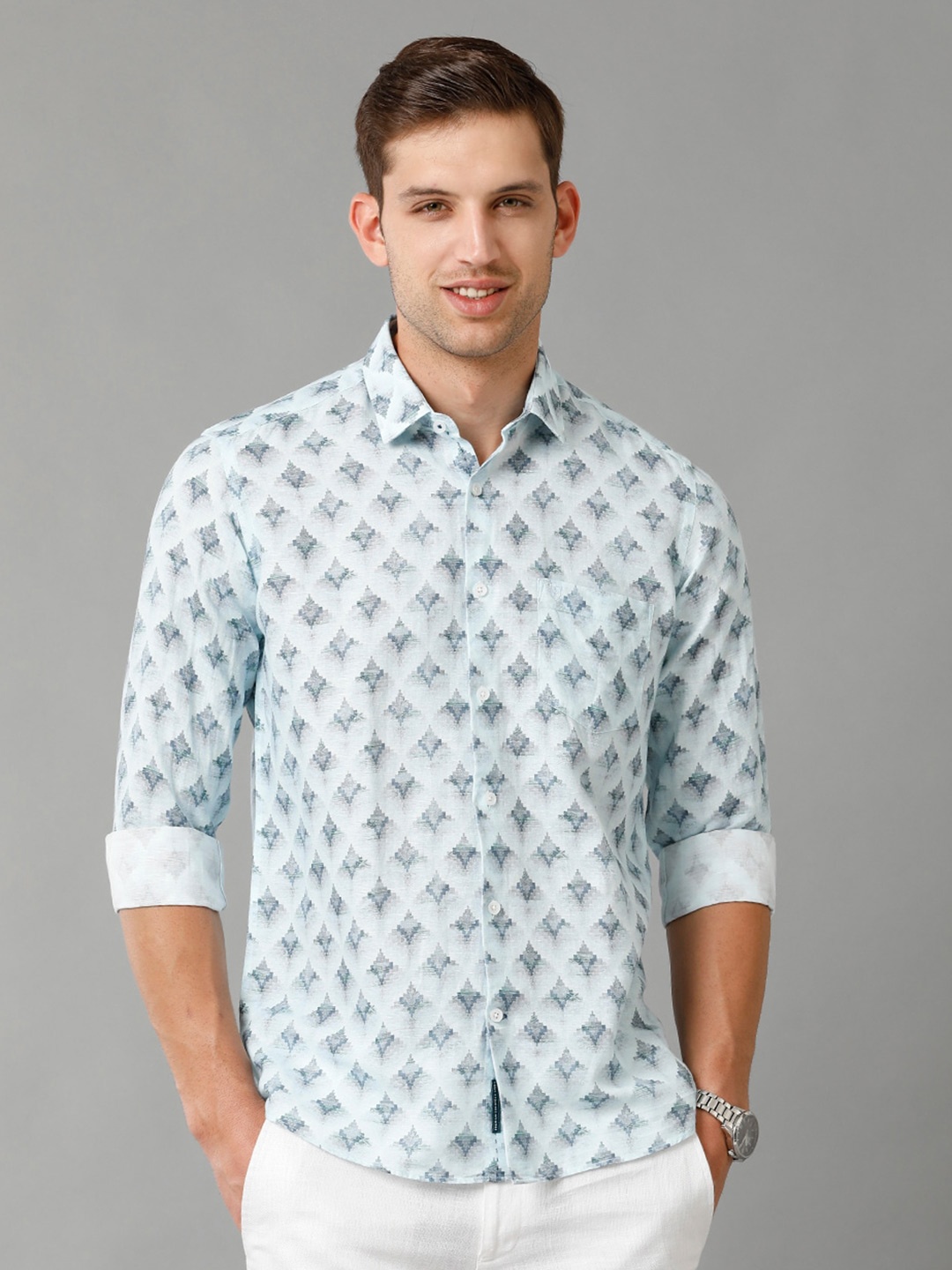 

Linen Club Contemporary Ethnic Motifs Printed Linen Casual Shirt, Blue