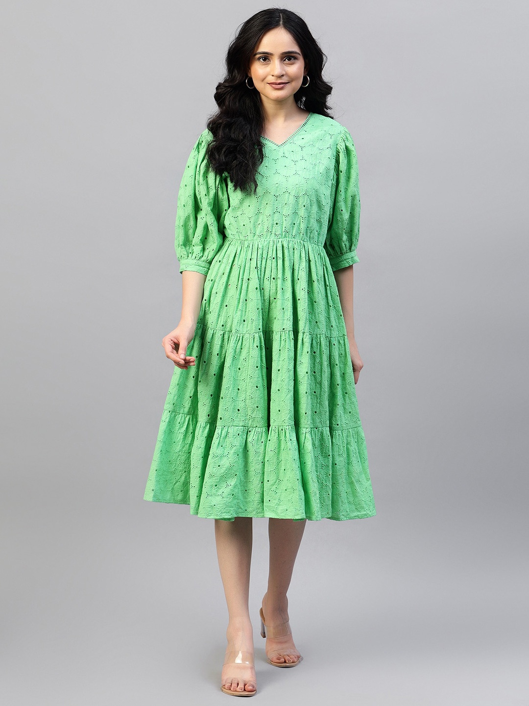 

Hencemade Schiffli Self Design Tiered Midi Dress, Green