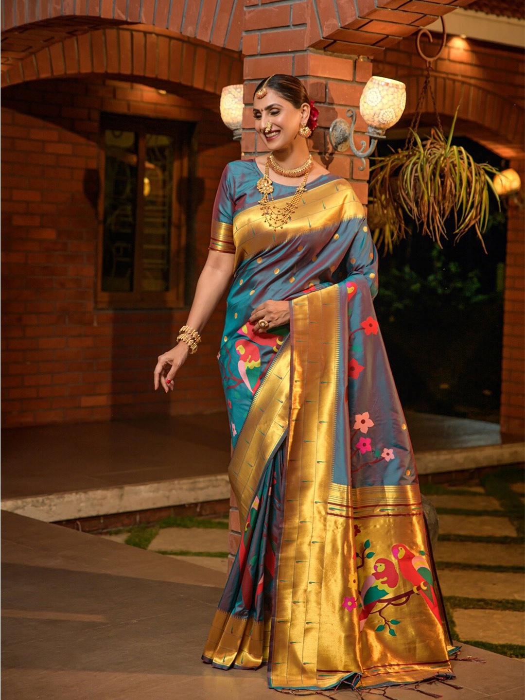 

CANIZZARO Ethnic Motifs Woven Design Zari Pure Silk Paithani Saree, Teal