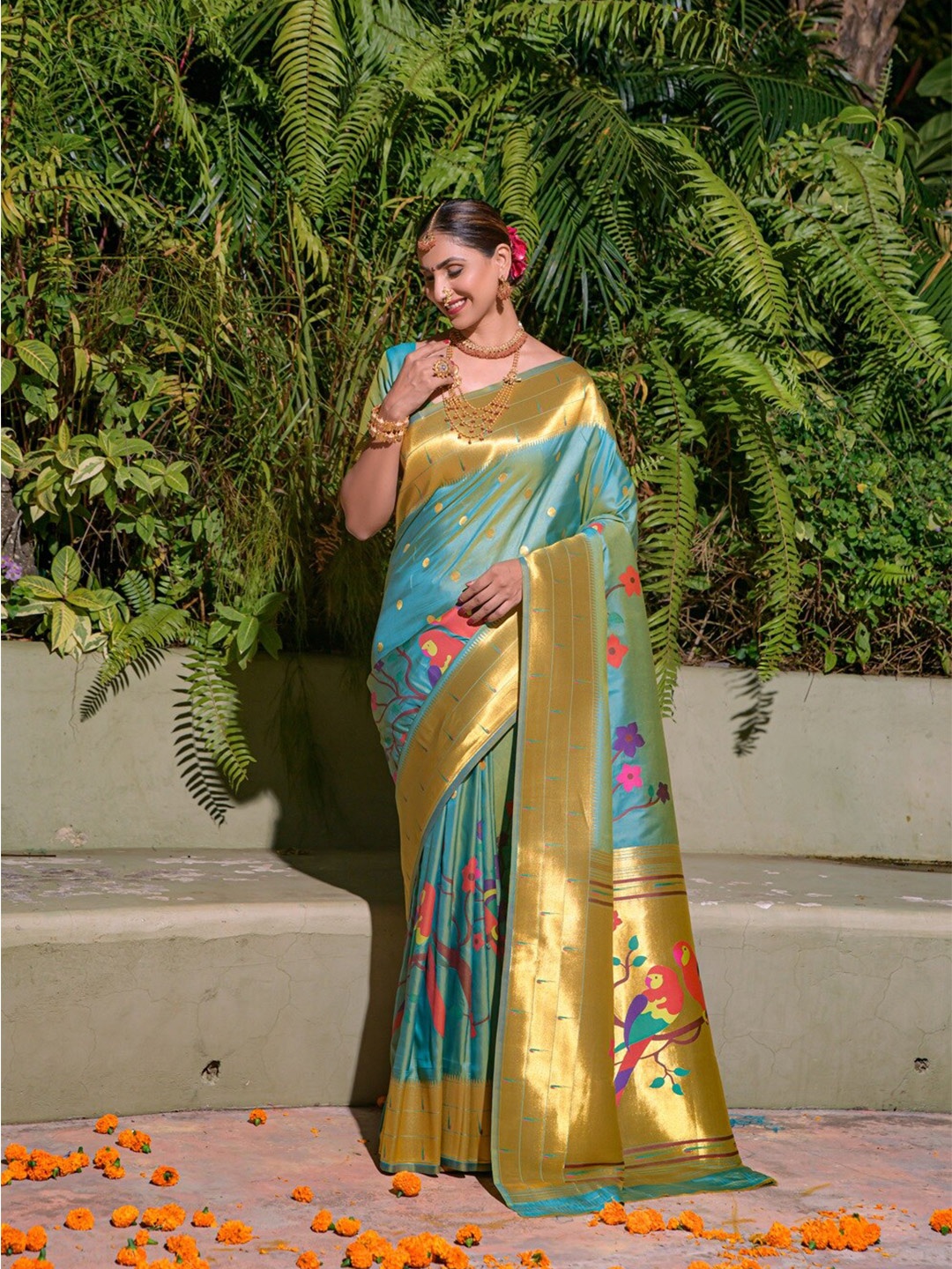 

CANIZZARO Ethnic Motifs Woven Design Zari Pure Silk Paithani Saree, Turquoise blue