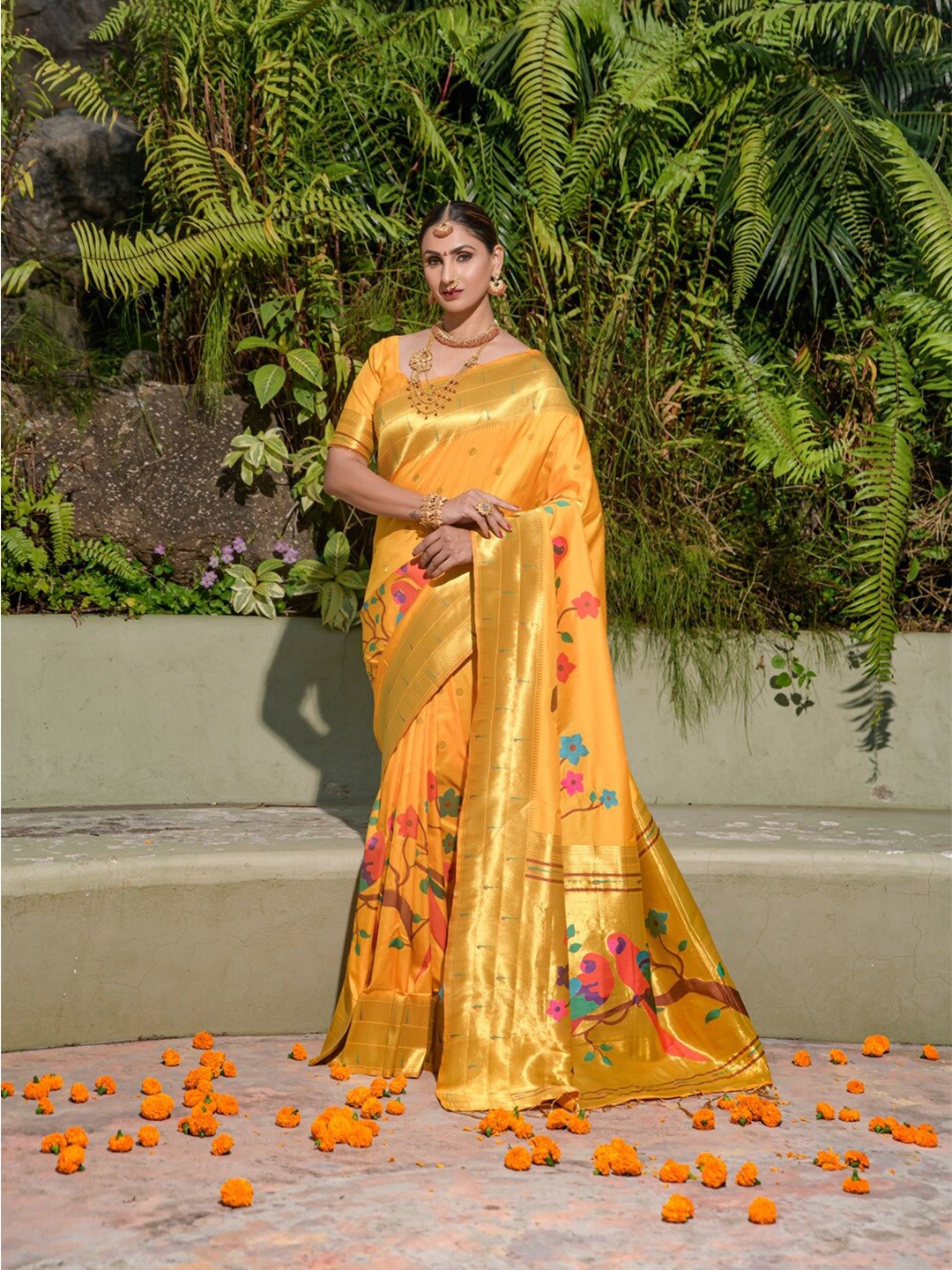 

CANIZZARO Ethnic Motifs Woven Design Zari Pure Silk Paithani Saree, Mustard