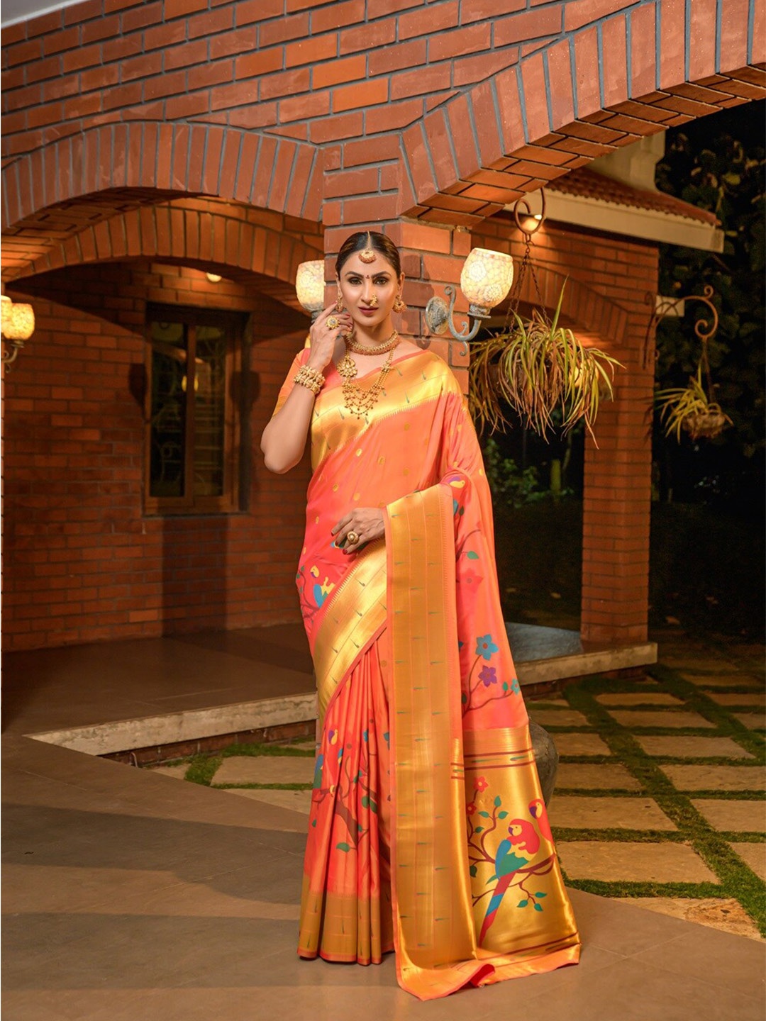 

CANIZZARO Ethnic Motifs Woven Design Zari Pure Silk Paithani Saree, Orange