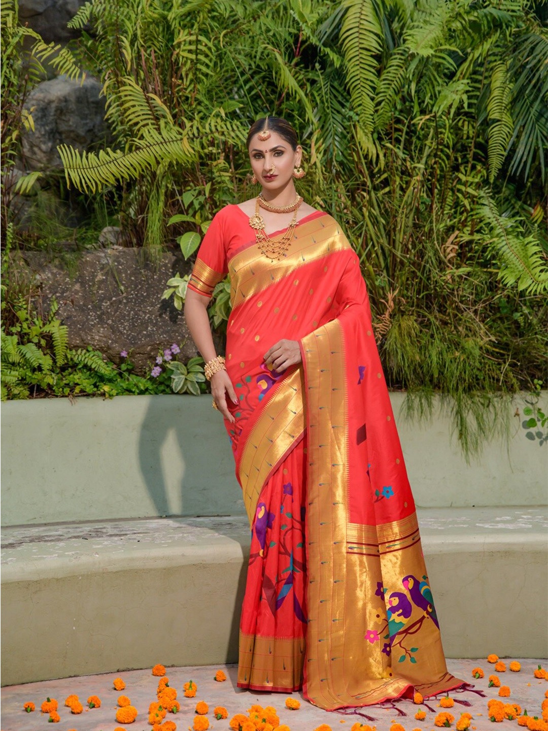 

CANIZZARO Ethnic Motifs Woven Design Zari Pure Silk Paithani Saree, Red