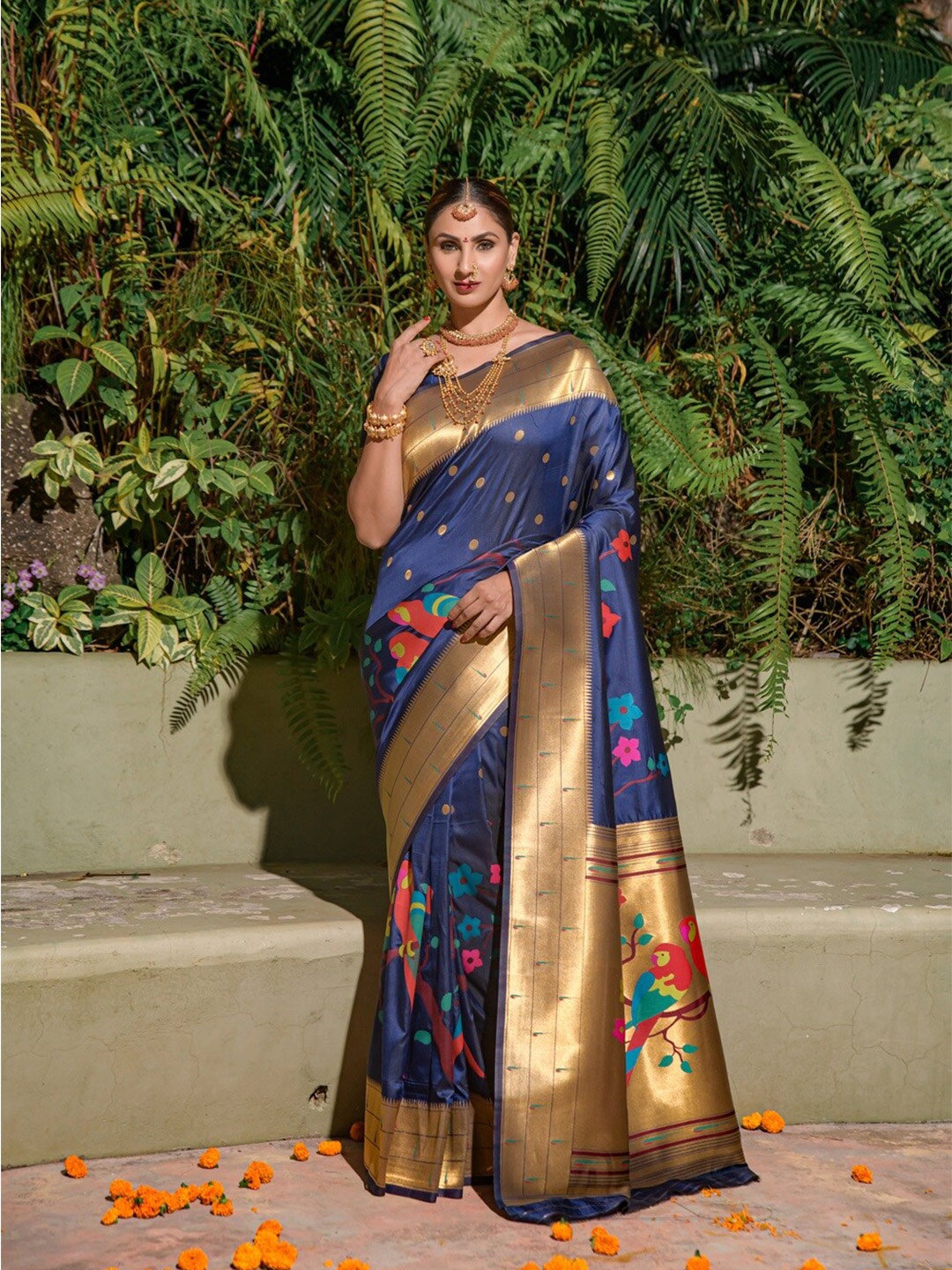 

CANIZZARO Ethnic Motifs Woven Design Zari Pure Silk Paithani Saree, Blue