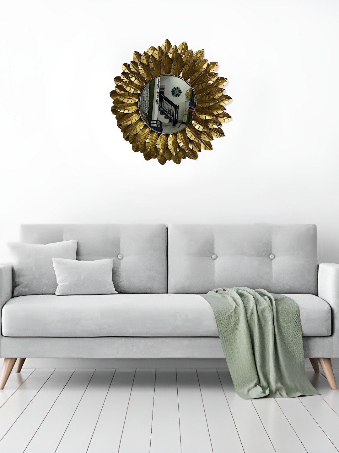 

CK HOMEZ Gold Toned Textured Metal Round Shaped Hanging Wall Mirror