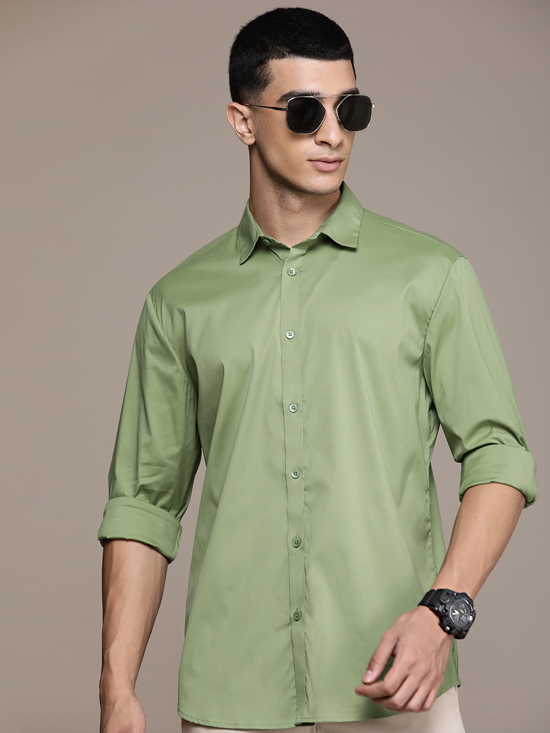 

FORCE IX Slim Fit Opaque Casual Shirt, Green