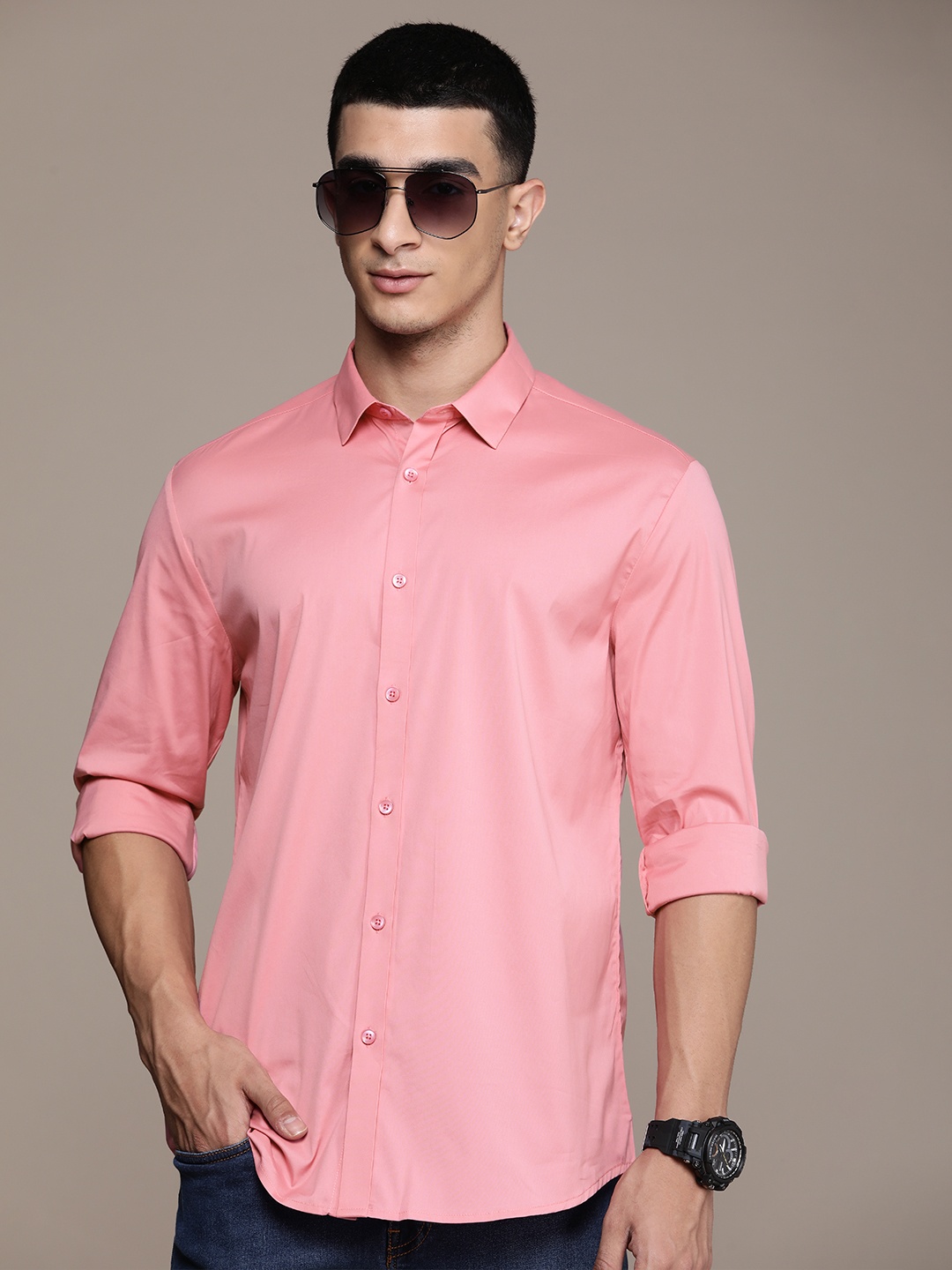 

FORCE IX Slim Fit Opaque Casual Shirt, Pink