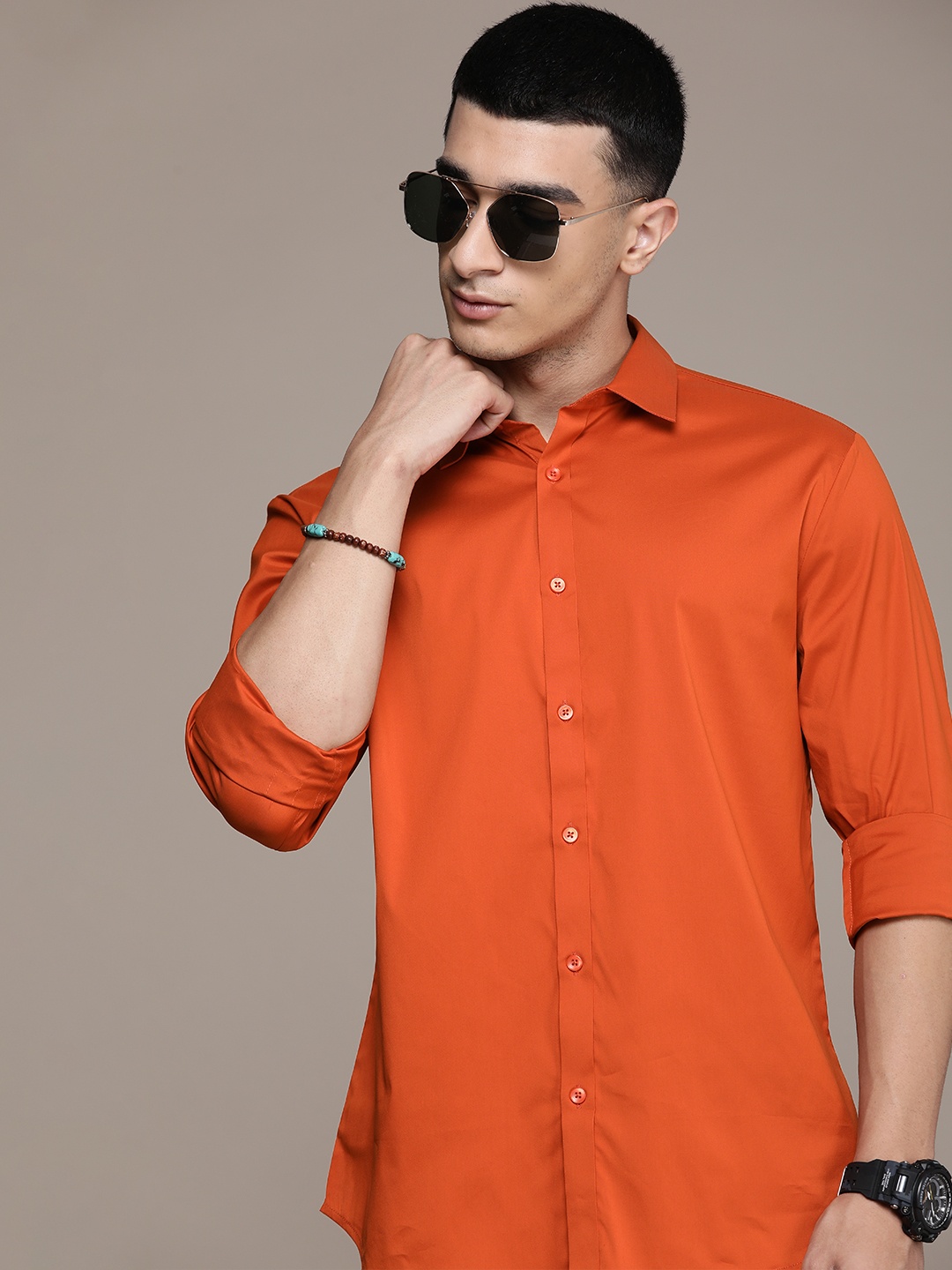 

FORCE IX Solid Slim Fit Casual Shirt, Rust