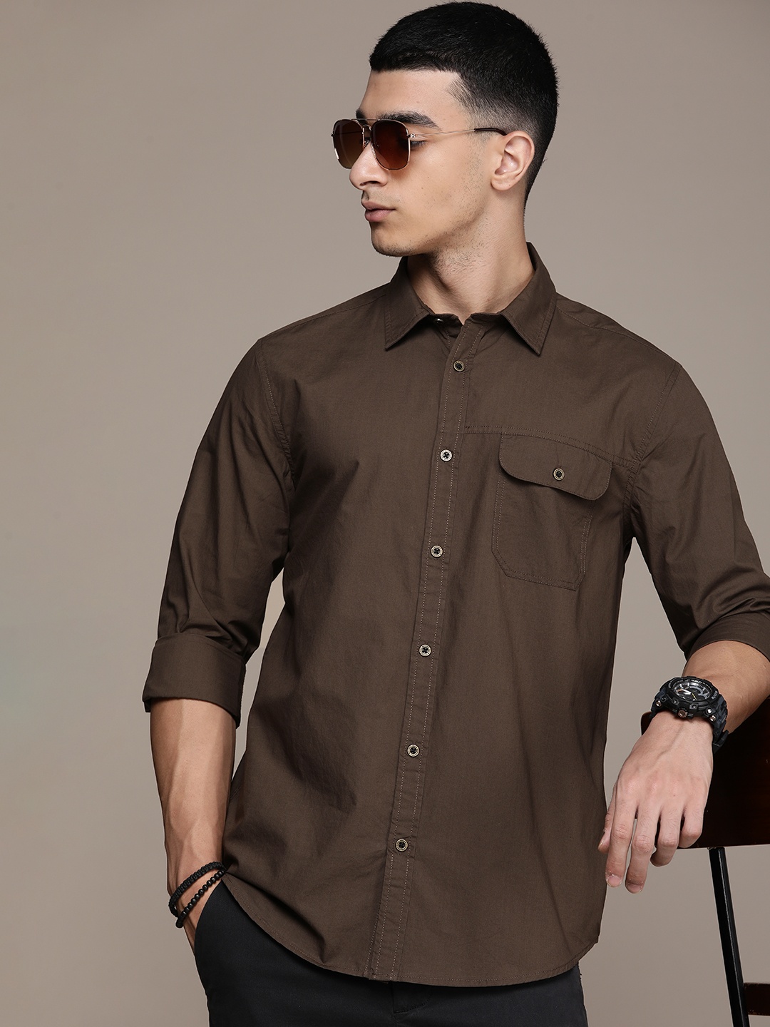 

FORCE IX Solid Pure Cotton Casual Shirt, Brown