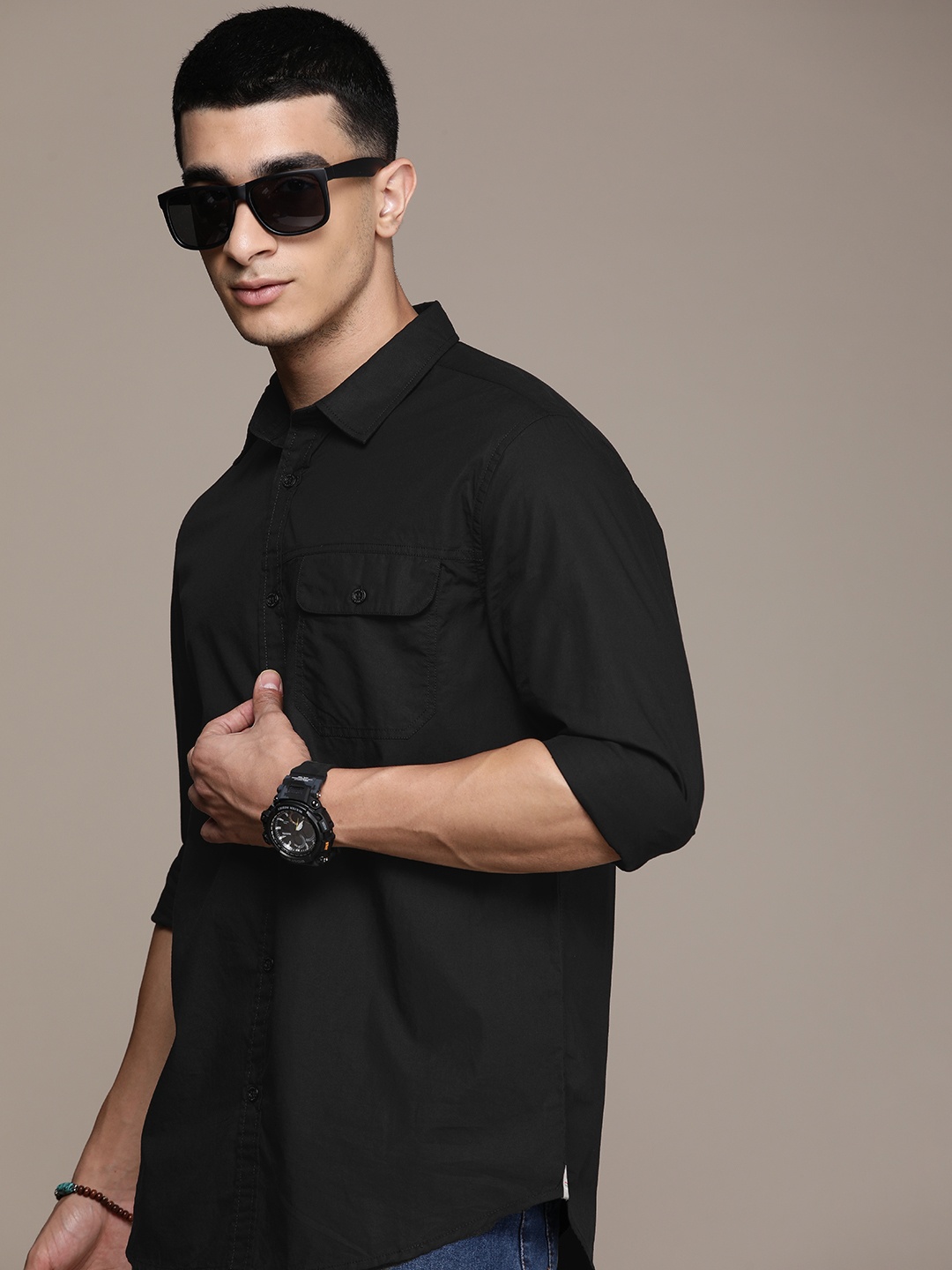 

FORCE IX Pure Cotton Opaque Casual Shirt, Black