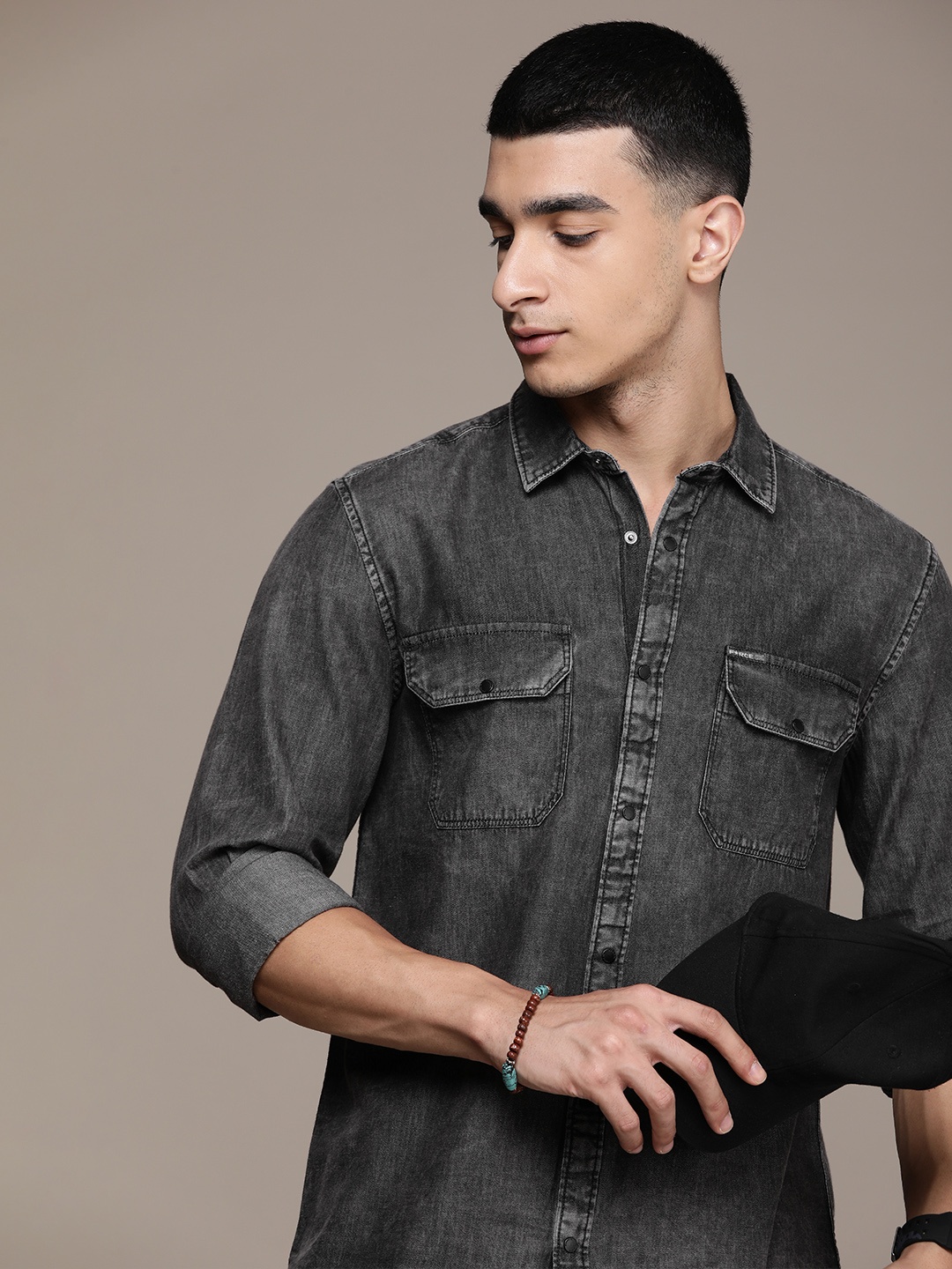 

FORCE IX Pure Cotton Faded Opaque Casual Shirt, Grey