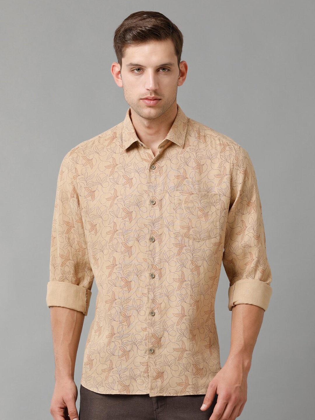 

Linen Club Contemporary Opaque Floral Printed Pure Linen Casual Shirt, Brown