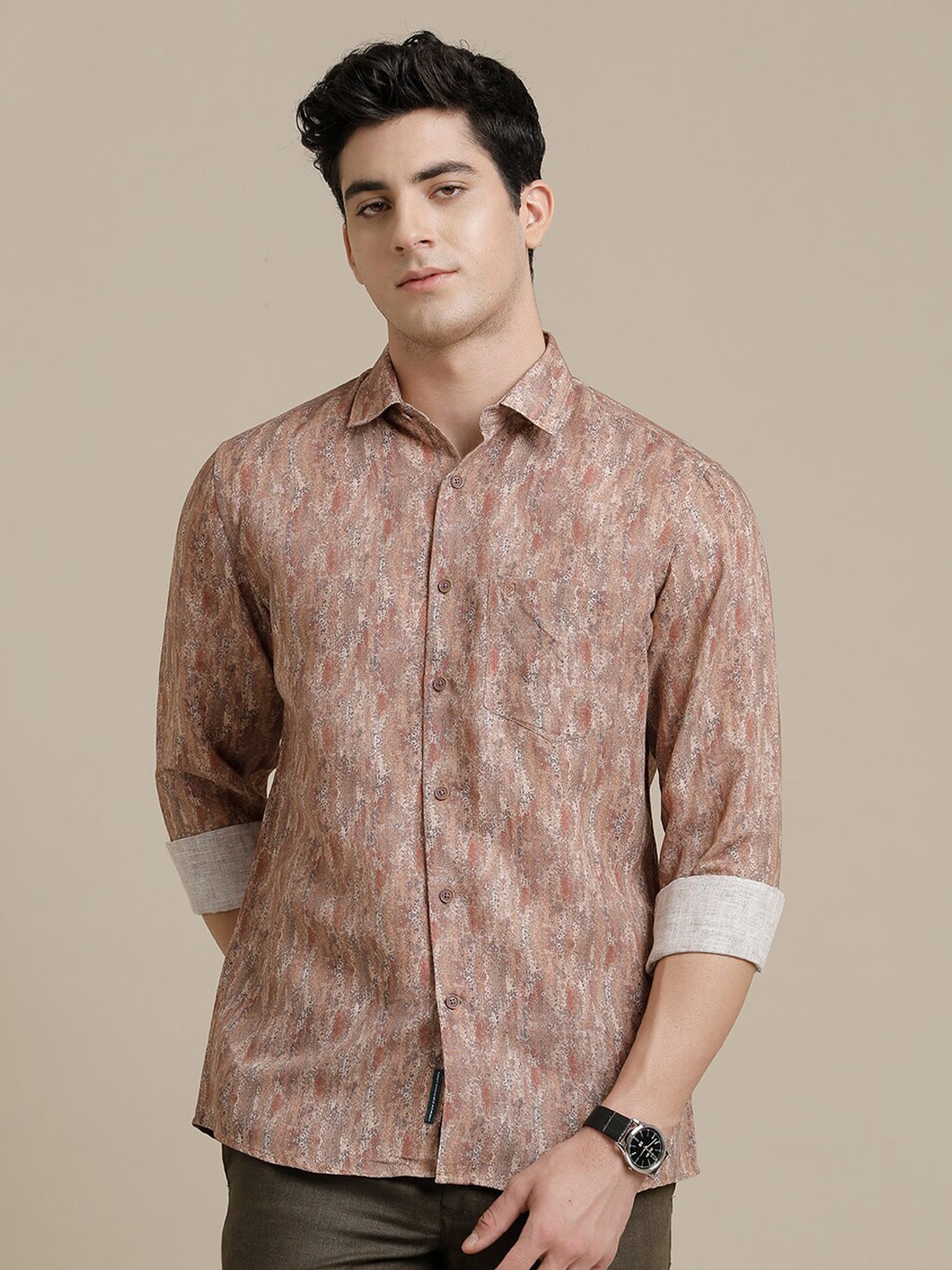 

Linen Club Contemporary Opaque Abstract Printed Pure Linen Casual Shirt, Brown