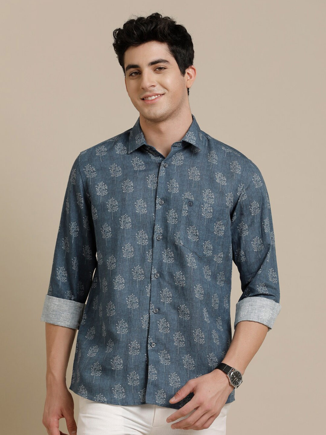 

Linen Club Contemporary Opaque Floral Printed Pure Linen Casual Shirt, Blue