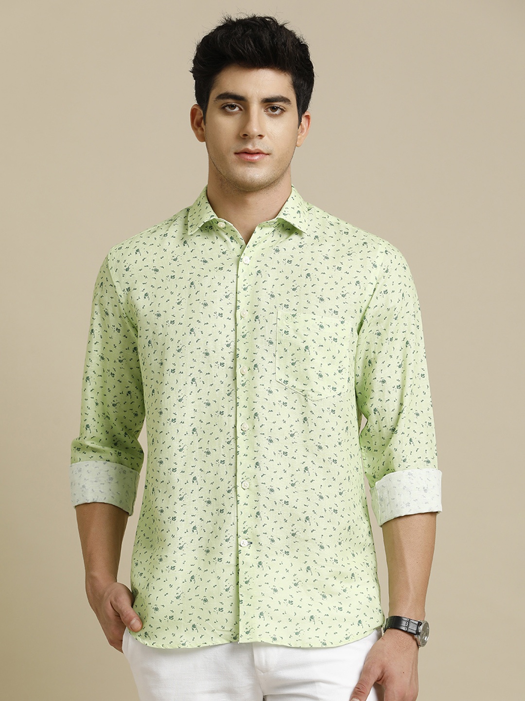 

Linen Club Contemporary Pure Linen Printed Casual Shirt, Green