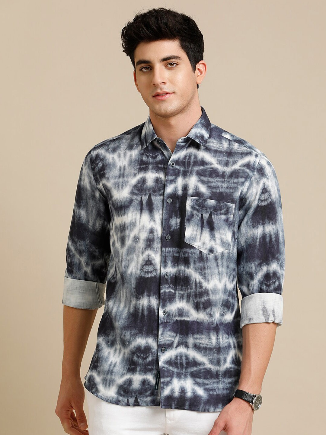 

Linen Club Contemporary Opaque Tie & Dye Printed Pure Linen Casual Shirt, Blue