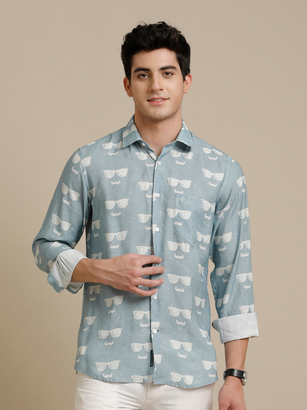 

Linen Club Contemporary Pure Linen Printed Casual Shirt, Blue