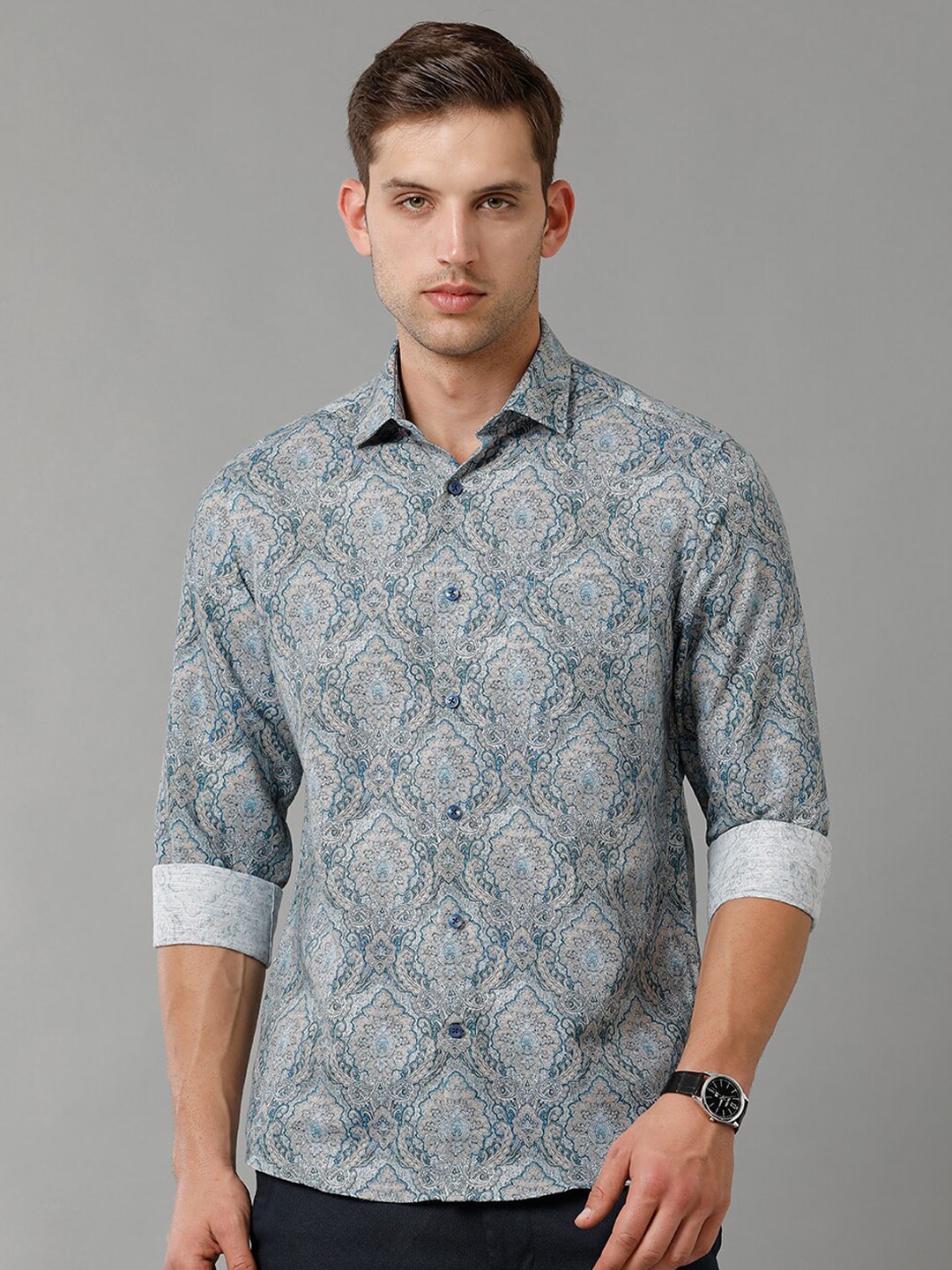 

Linen Club Contemporary Opaque Ethnic Motifs Printed Pure Linen Casual Shirt, Blue