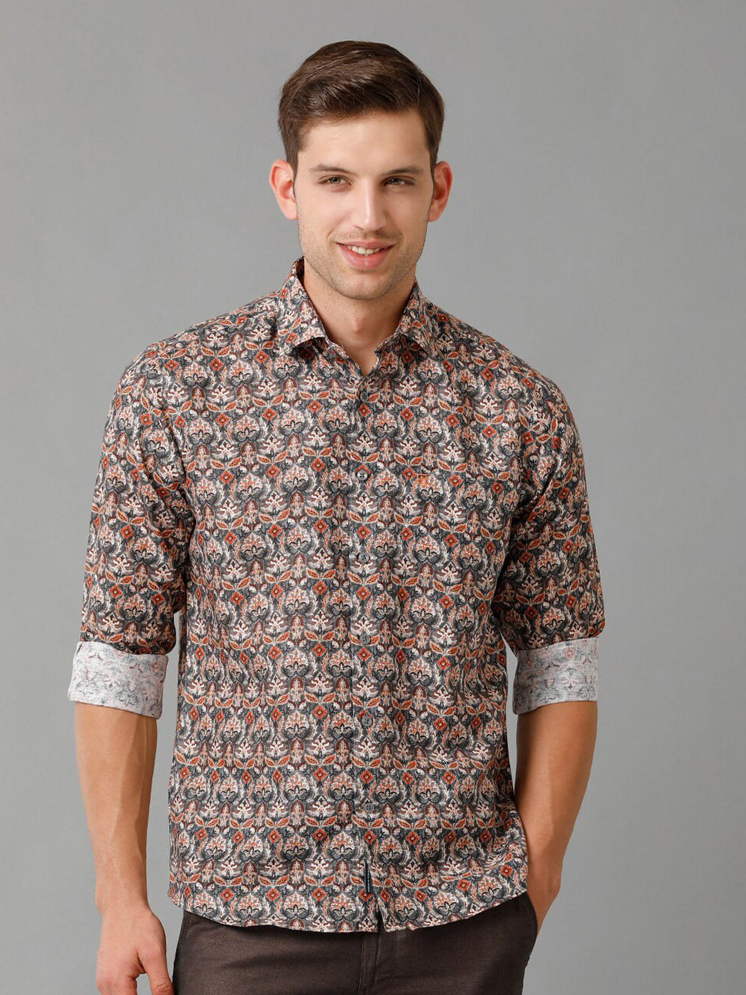 

Linen Club Contemporary Floral Printed Spread Collar Opaque Linen Casual Shirt, Brown