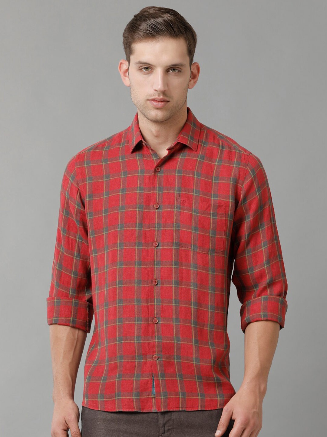 

Linen Club Contemporary Opaque Tartan Checked Pure Linen Casual Shirt, Red