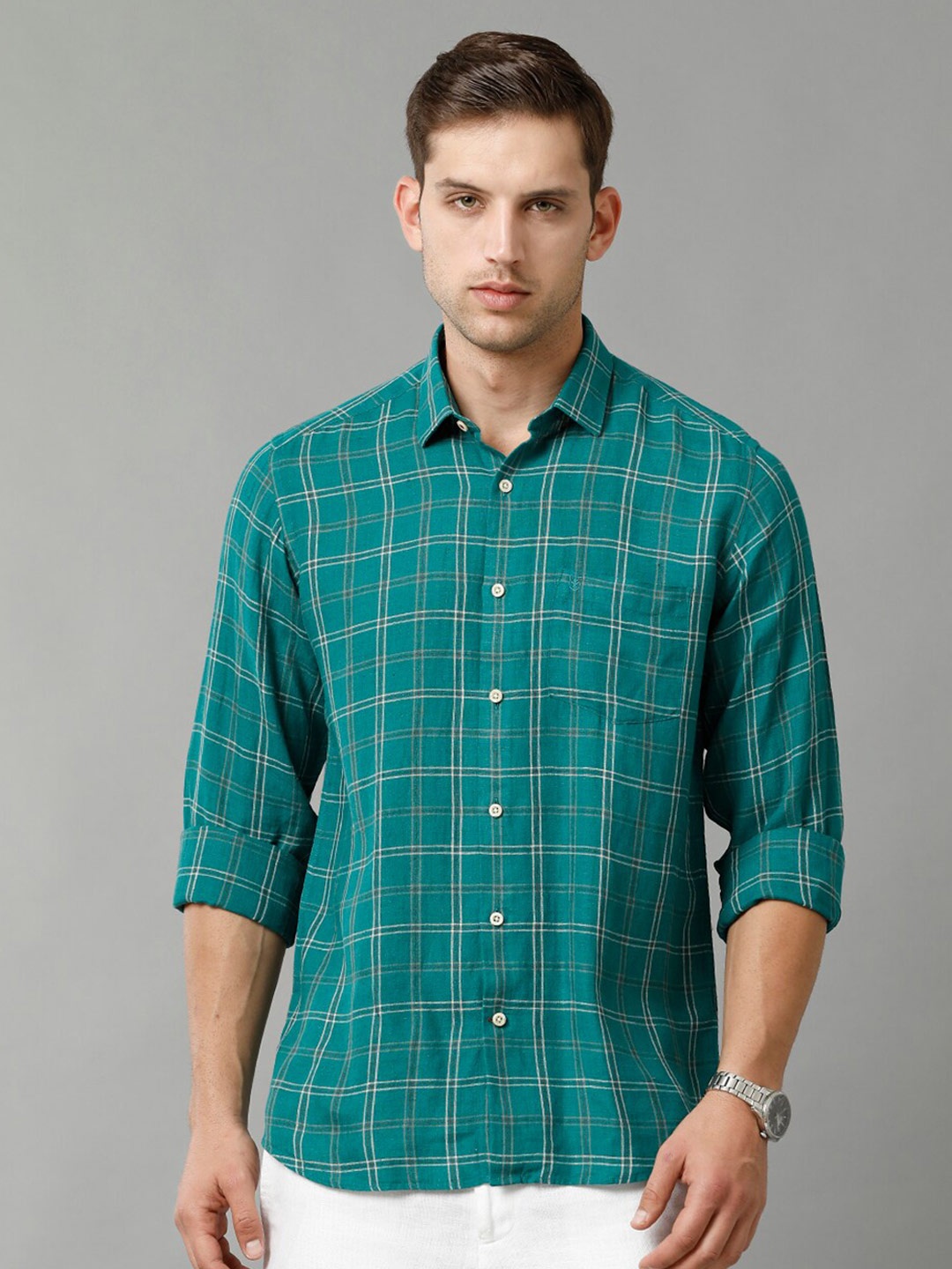 

Linen Club Contemporary Tartan Checks Opaque Linen Casual Shirt, Green