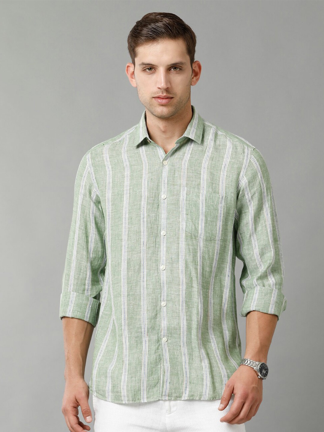 

Linen Club Contemporary Fit Opaque Striped Casual Shirt, Green
