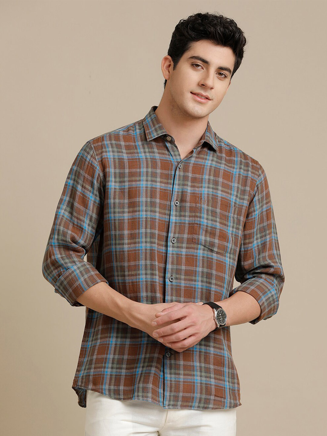 

Linen Club Contemporary Fit Tartan Checks Opaque Checked Casual Shirt, Brown