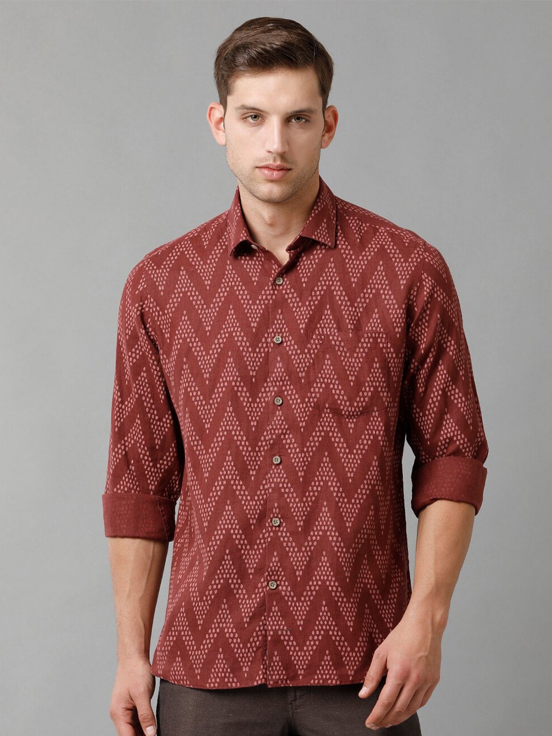

Linen Club Contemporary Abstract Printed Spread Collar Linen Casual Shirt, Maroon