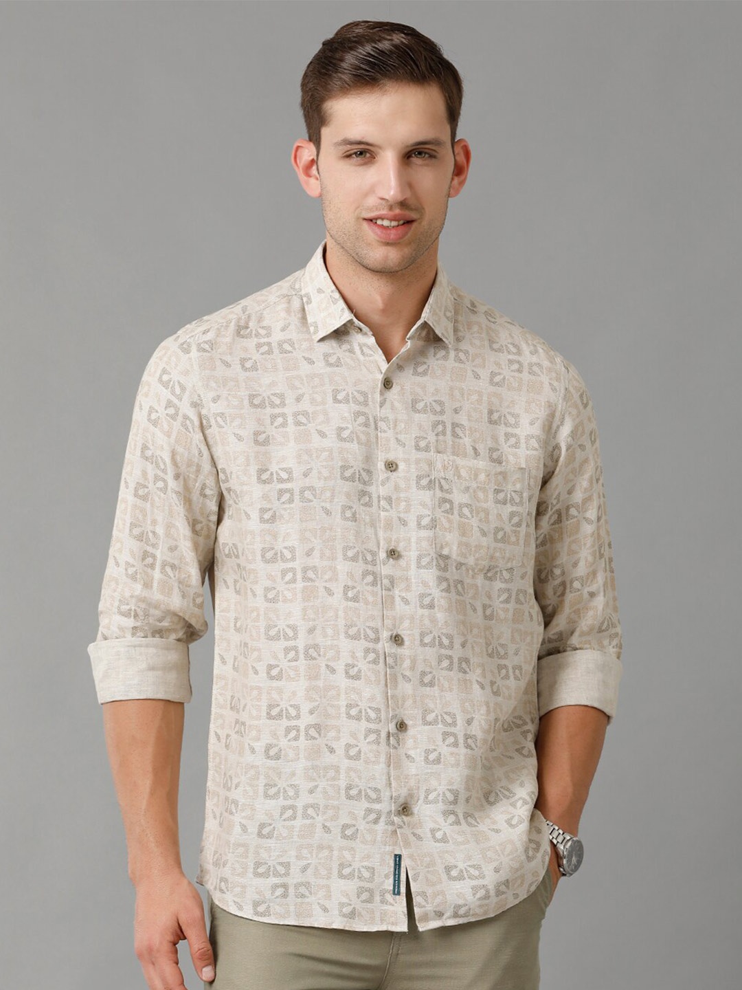 

Linen Club Contemporary Floral Opaque Printed Casual Shirt, Beige