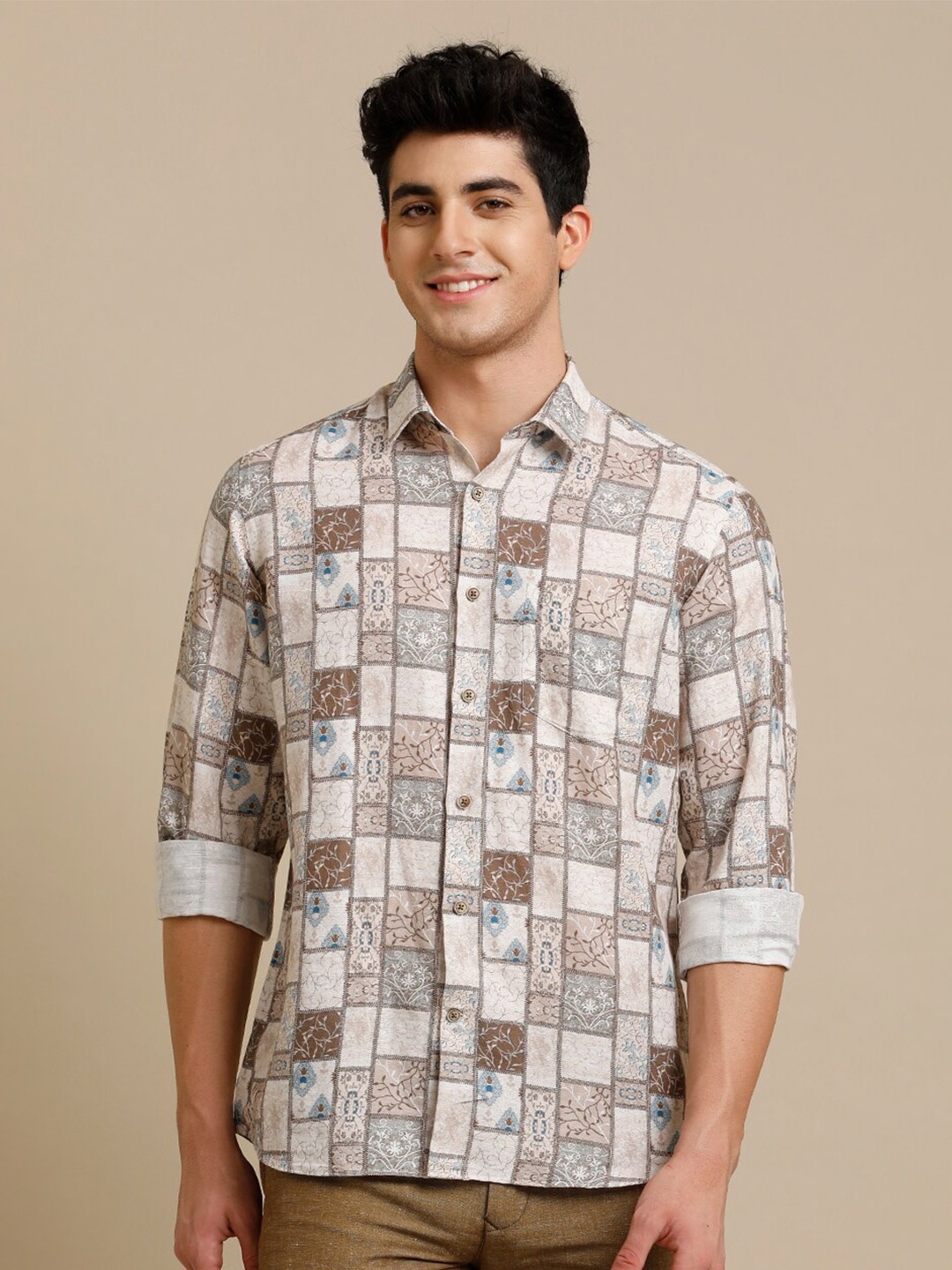 

Linen Club Contemporary Fit Geometric Checked Pure Linen Casual Shirt, Beige