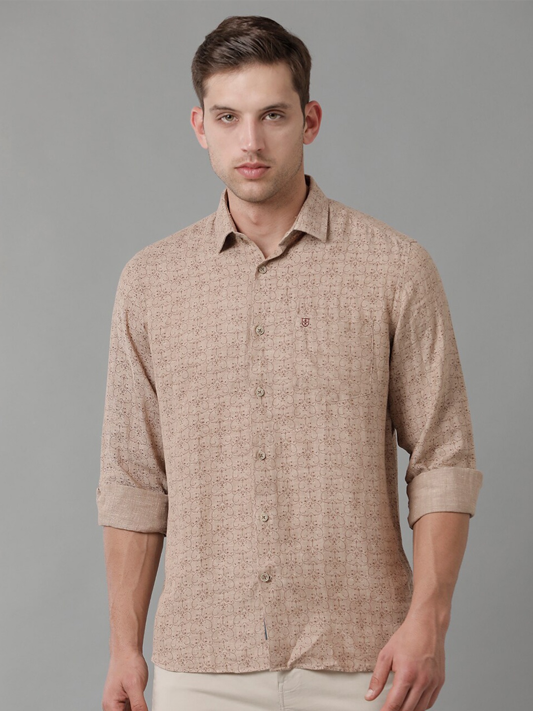 

Linen Club Contemporary Opaque Ethnic Motifs Printed Pure Linen Casual Shirt, Brown