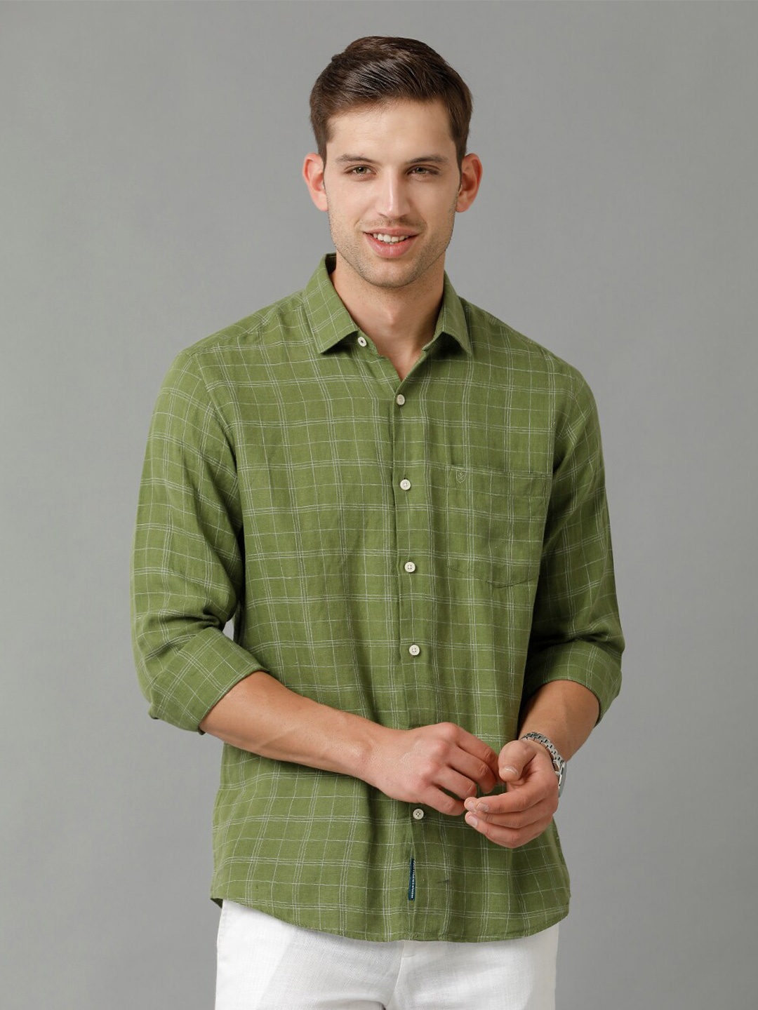 

Linen Club Contemporary Opaque Tartan Checked Pure Linen Casual Shirt, Green