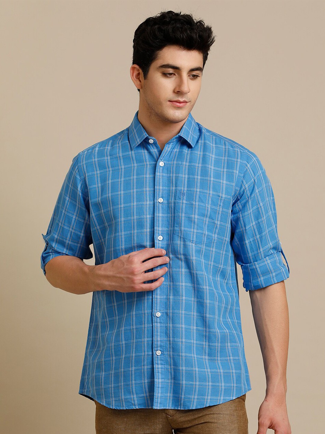 

Linen Club Contemporary Opaque Tartan Checked Pure Linen Casual Shirt, Blue