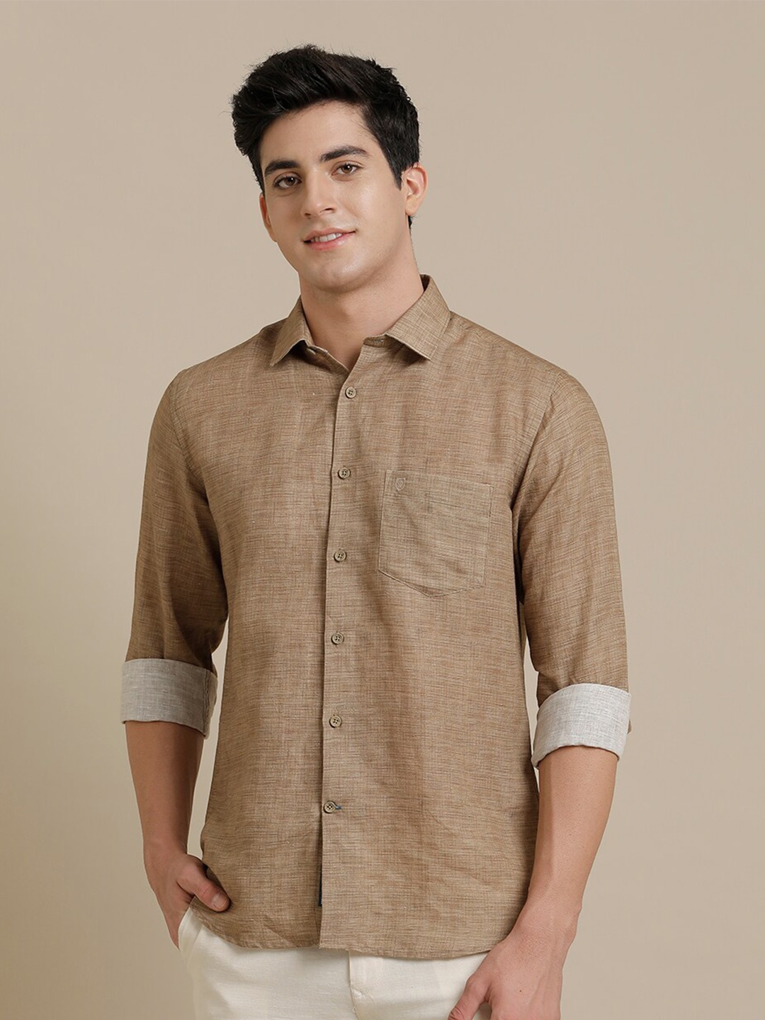 

Linen Club Contemporary Opaque Pure Linen Casual Shirt, Brown