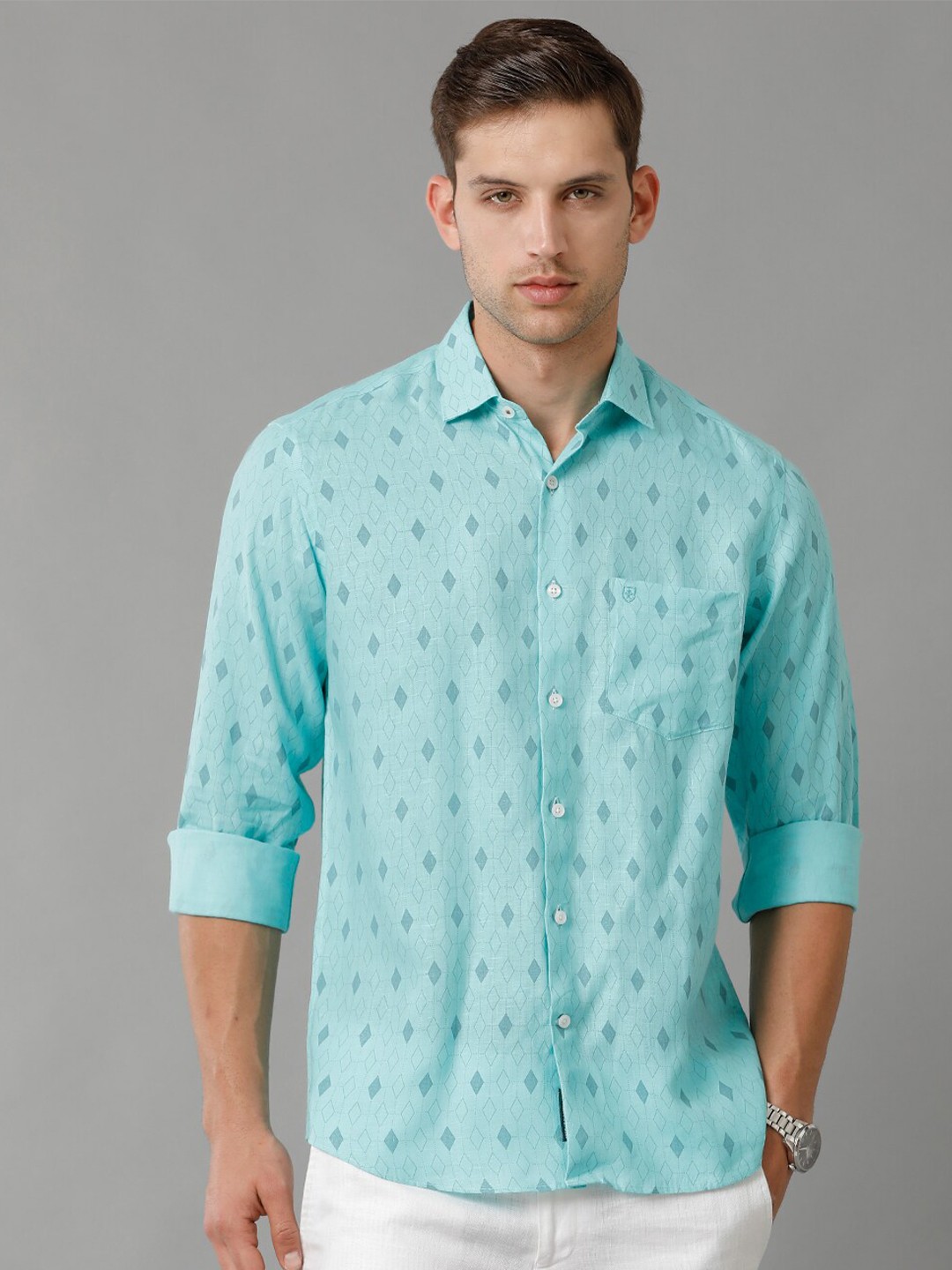 Linen Club Contemporary Opaque Geometric Printed Pure Linen Casual Shirt, Turquoise blue
