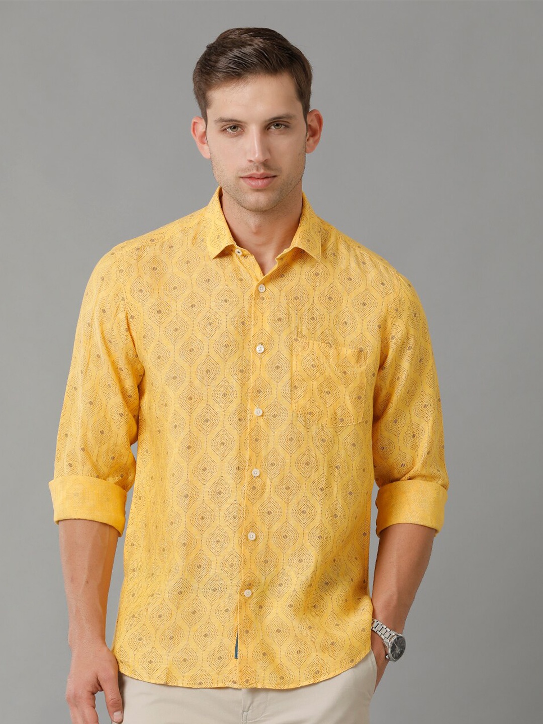 

Linen Club Contemporary Opaque Ethnic Motifs Printed Pure Linen Casual Shirt, Yellow